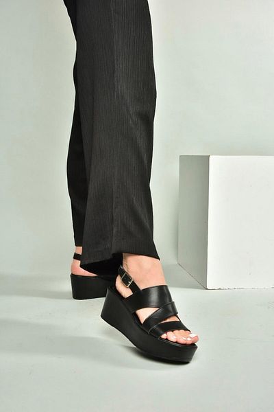 Fox Shoes U555750203 Black Genuine Leather Wedge Heeled Women's Shoes