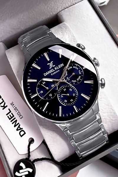 Daniel Klein Exclusive Men's Wristwatch 3 Atm Waterproof Silver Navy Color Steel Cord Gift Bracelet Dke2131C3