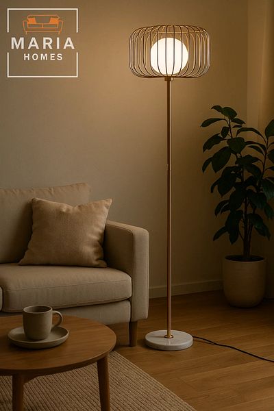 MARIA HOMES Gold Floor Lamp with Cage Shade and Marble Base