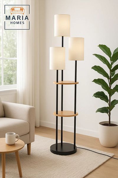 MARIA HOMES Multi-Light Floor Lamp with Shelves and Cream Shades