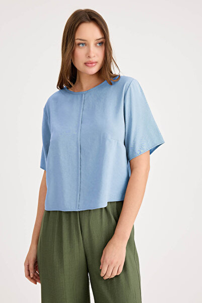 Vitrin Round Neck Short Sleeve Crop Blouse