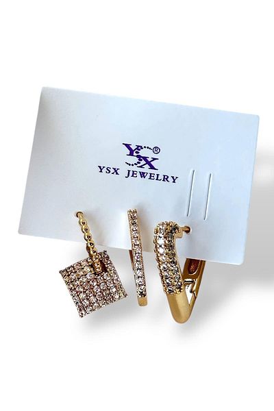 TAKIŞTIR مجموعة أقراط YSX مكونة من 3 قطع مع تفاصيل حجرية ذهبية اللون
