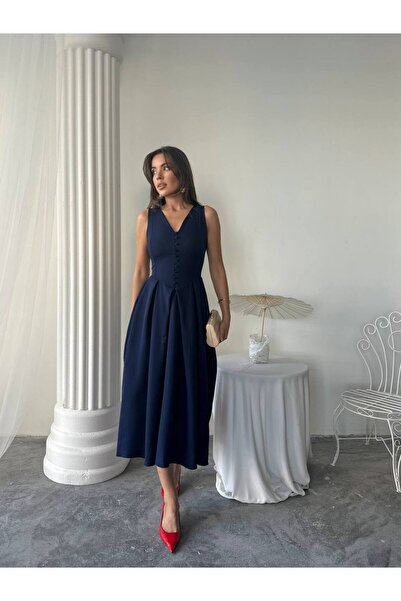 conconmoda Dore Piliseli Düğmeli Midi Elbise