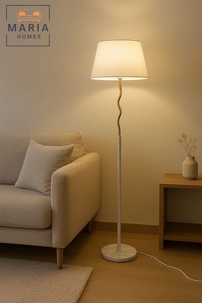 MARIA HOMES Modern White Floor Lamp with Brass Accent and Marble Base