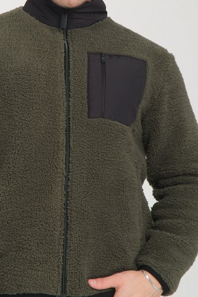 Tarz Cool Khaki Zippered Stand Collar Plush Sweatshirt