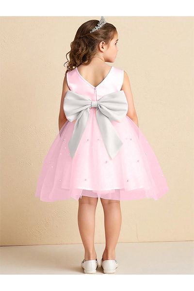 MadyaButik Girl's White Bow Elegant Dress Model with Candy Pink Pearls