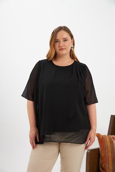 RMG Shoulder Stone Detailed Asymmetrical Cut Plus Size Chiffon Blouse Black