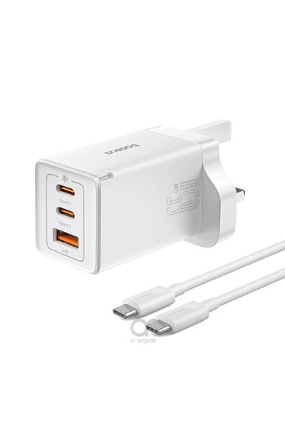 Baseus شاحن GaN5 Pro سريع بثلاثة منافذ، بقوة 65 وات | منفذان من النوع C + USB-A، المملكة المتحدة - أبيض - مع كابل من النوع C إلى C بقوة 100 وات - 1 متر