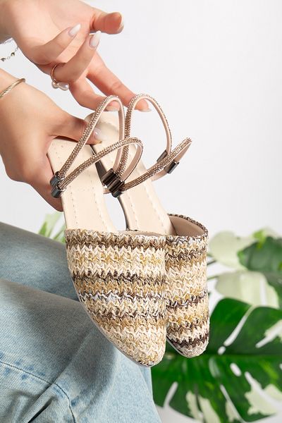 morscho Women's Stone Detailed Straw Textured Double Strap Sandals & Slippers - Summer Comfortable Casual Shoes