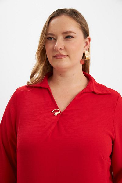 RMG Collar Brooch Detailed Slit Plus Size Dress Red
