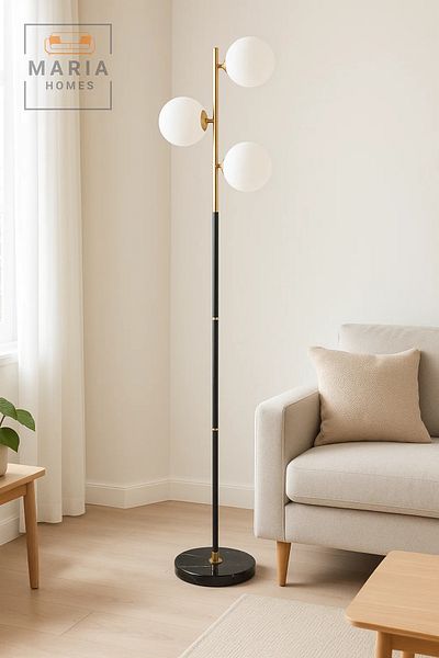 MARIA HOMES Black and Gold Floor Lamp with Three Globe Lights