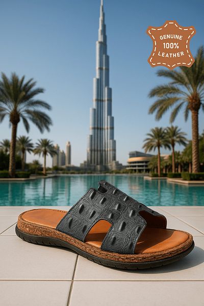 Cristante Zappella 100% Genuine Leather Black Patterned Leather Men's Slippers, Daily Slippers