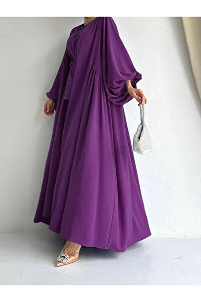 Other Elegant Wine Red Color Balloon Sleeves Two Piece Abaya Dress