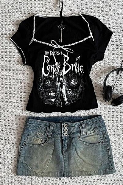 BALİNA Bluză neagră Corpse Bride cu cusături detaliate și panglică, stil Y2K,...