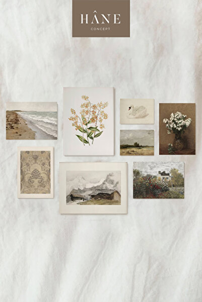 Hane Concept Botanik ve Manzara Baskı Seti, Vintage Galeri Duvarı, Çiçek ve Deniz Baskısı, Çiftlik Evi Tarzı