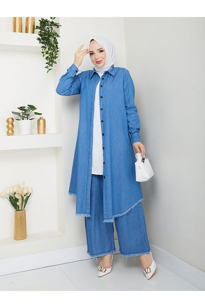 KMKkombin Thin Denim Fabric Buttoned Comfortable Fit Bottom Top New Season Women's Suit 032