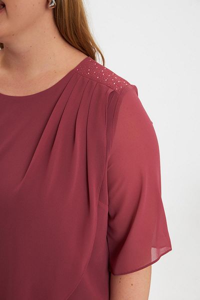 RMG Shoulder Stone Detailed Asymmetrical Cut Plus Size Chiffon Blouse Dried Rose