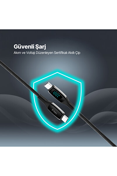 Ttec AlumiCable LCD USB-C – USB-C 100W PD/QC 150cm Hızlı Şarj/Data Kablosu ,Siyah