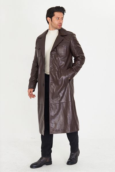 By Marki Marki Men's Genuine Leather Trench Coat – Brown, British Collar, Button Closure, 130 Cm, 4 Pockets - 506822