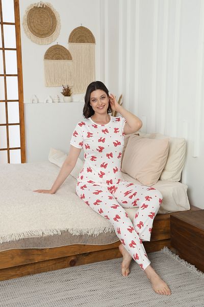 LİLA İÇ GİYİM Set pijamale cu mânecă scurtă albă cu model Milan Ribbon