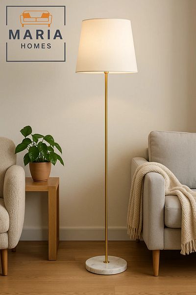 MARIA HOMES Gold Floor Lamp with White Shade and Marble Base