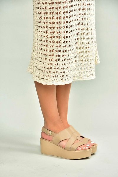 Fox Shoes U555750203 Beige Genuine Leather Wedge Heeled Women's Shoes