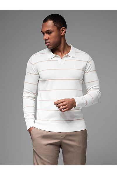 OMBRE Herren Polo Longsleeve mit Querstreifen und Viskose - Weiß und Beige V4 OM-POLS-0146 L