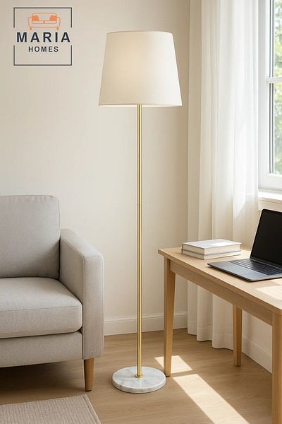 MARIA HOMES Gold Floor Lamp with White Shade and Marble Base