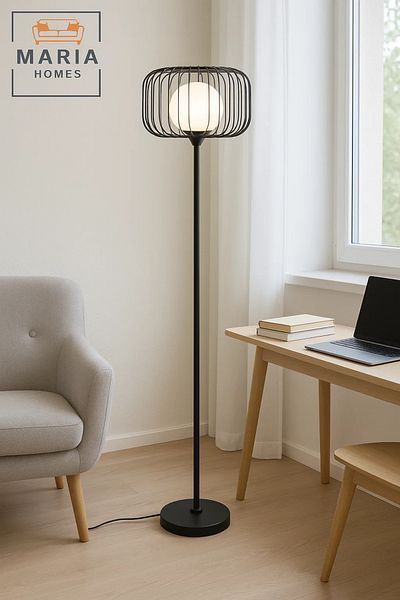 MARIA HOMES Black Floor Lamp with Wire Cage Shade