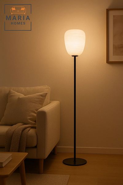 MARIA HOMES Slim Black Floor Lamp with Textured Oval Shade