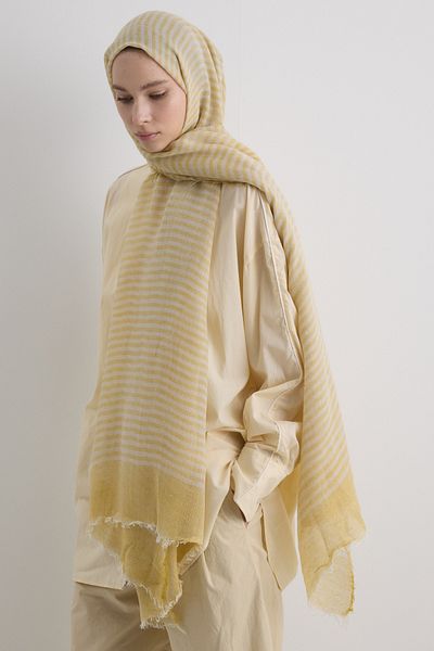 Fenza Sara Yellow Wide Striped Linen Textured Cotton Shawl