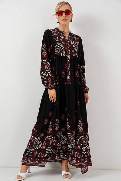 Bigdart 2423 Φόρεμα Hijab με αυθεντικό σχέδιο - Μαύρο - Claret Red