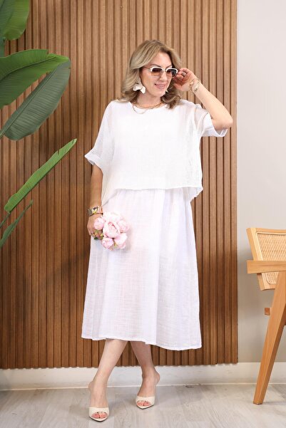 MİSLİNA BUTİK İthal File Detay Beyaz Keten Elbise