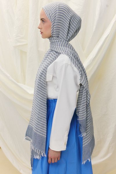 Fenza Sara Navy Blue Wide Striped Linen Textured Shawl