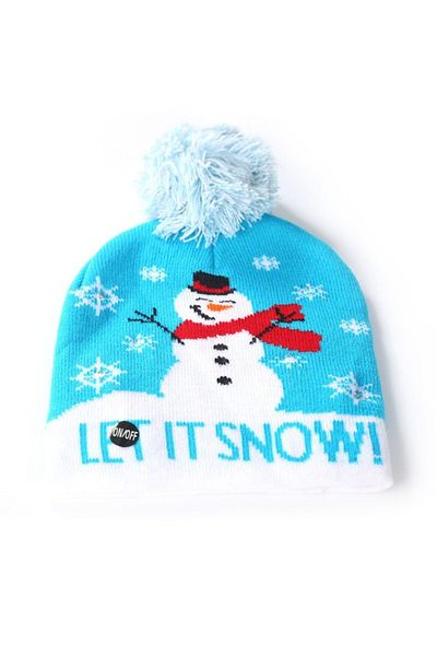 Linomag Fes Hat with LED Lights on/off and Winter/Christmas Print, Let It Snow, UNISEX, ONE SIZE, White/Blue