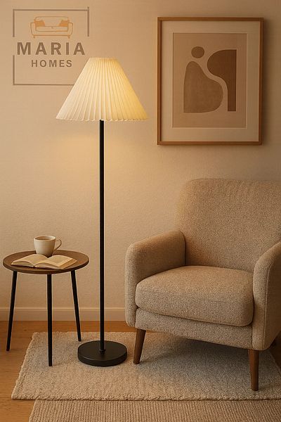 MARIA HOMES Black Floor Lamp with White Pleated Shade