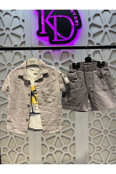 KUMRUNUN DÜNYASI Gray Shirt Short Sleeve T-Shirt and Gray Shorts 3-Piece Bottom Top Boy's Set