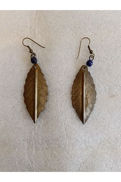 Butik Tülin Authentic Handmade Brass Black Beads Leaf Dangle Earrings 7.8X2.3 cm Made in Kenya