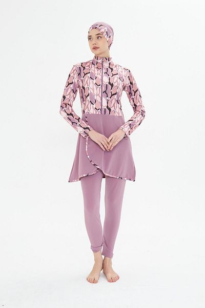Fantasy Full Covered Lycra Patterned Skirted Hijab Swimsuit Pink 3481-P