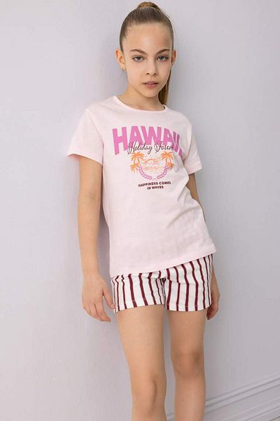 DeFacto New Season Girls' Pajama Set Printed Short Sleeve T-Shirt Striped Shorts