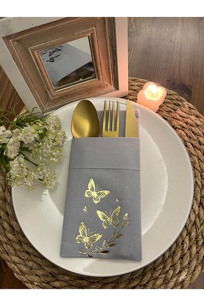 kidspartim Gold Gilded Gray Butterfly Leaf Detailed Pocketed Kangaroo Napkin 6 Pieces