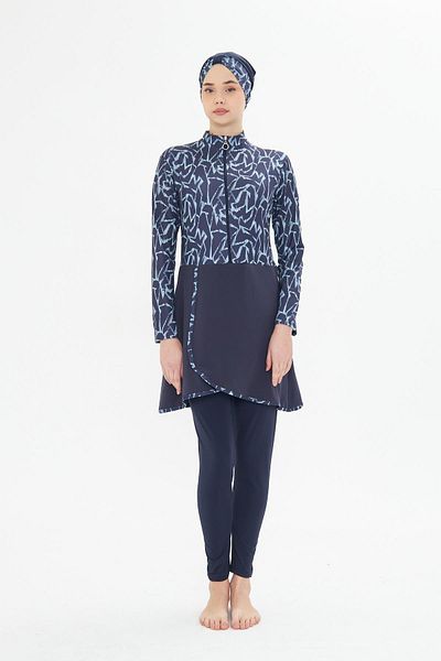 Fantasy Full Covered Lycra Patterned Skirted Hijab Swimsuit Navy Blue 3482-L