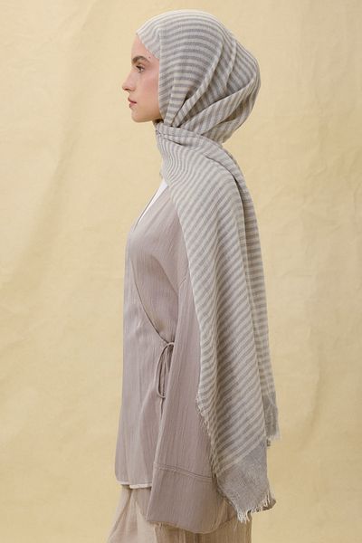 Fenza Sara Gray Wide Striped Linen Textured Cotton Shawl