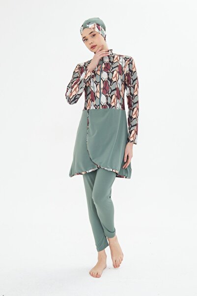 Fantasy Tam Kapalı Likralı Desenli Etekli Tesettür Mayo Antrasit 3481-a