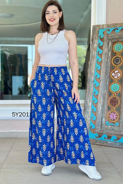 İnce Topuk Patterned Viscose Wide Leg Trousers 5Y201