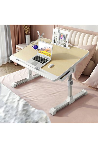 Linomag Adjustable foldable laptop stand/table, 60x40x27-40cm, book & tablet holder, storage drawer, Wood