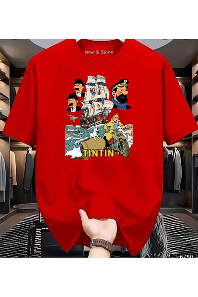 New Shine In the Cart, 1 T-Shirt Is a Gift for Purchases of 6 or More - Tintin Captain Printed Oversize T-Shirt