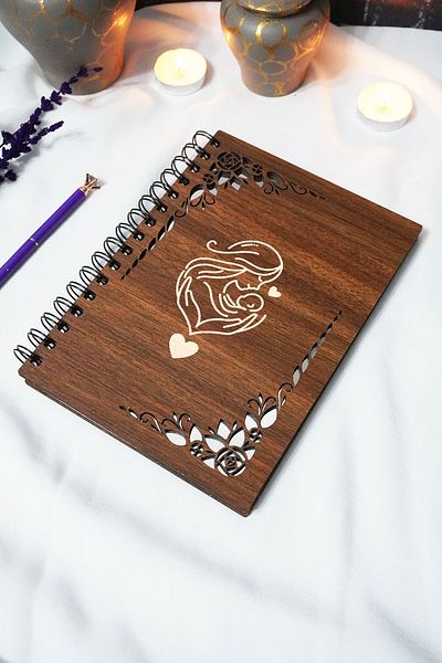 markcat Mother Baby Wooden Cover Spiral Notebook - Lined Notebook - 60 Sheets (120 Pages) - A5 15X21 cm