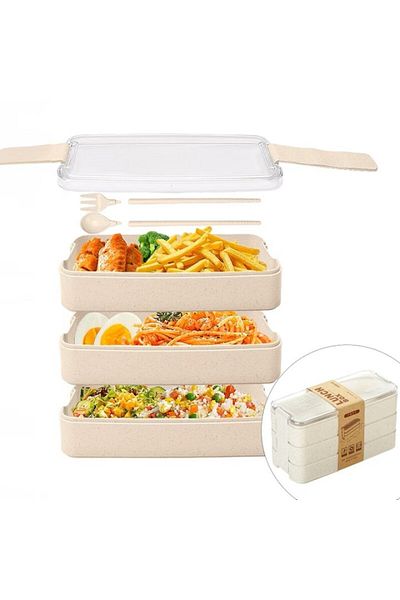 OEM Lunch Box with 3 Compartments, Airtight, Eco-friendly, Utensils, 900 ml, Cream