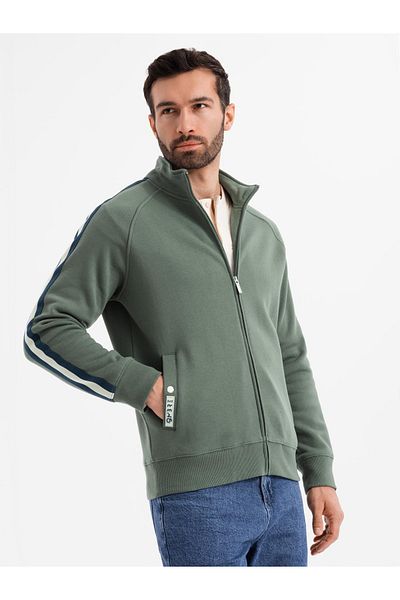 OMBRE Herren Sweatshirt mit hohem Kragen und Streifen - oliv V2 OM-SSZP-0219 L